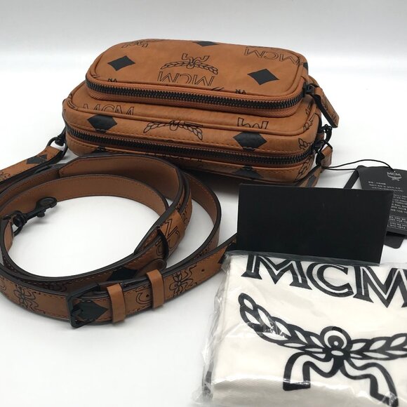 MCM Visetos Cognac Leather Aren Maxi Crossbody Wristlet - NWT - Picture 10 of 12